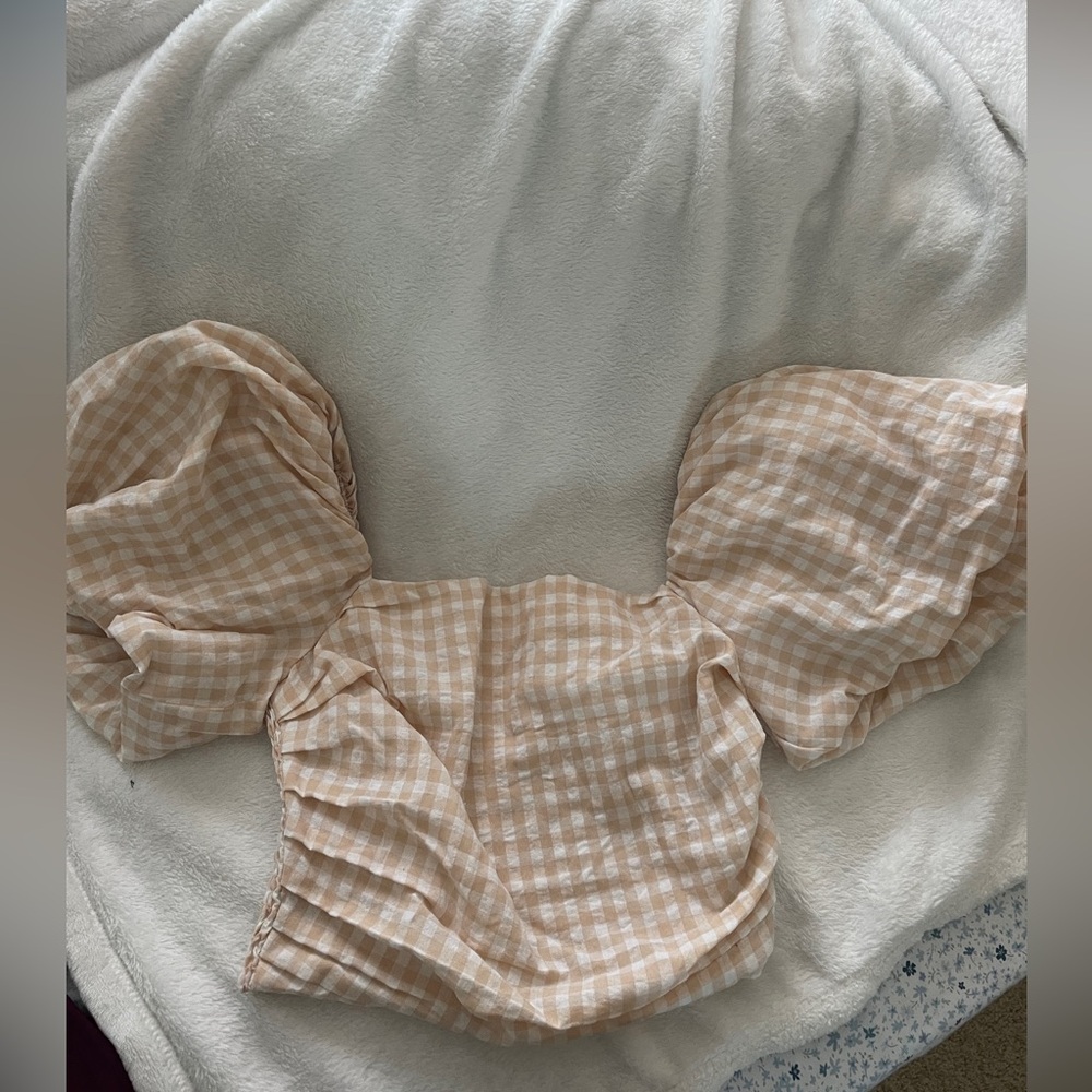 Gingham Puff Sleeve Top - Tan